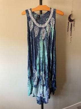 Bawa Canada Boho Lagenlook Hippie Paisley Embroidered Tie Dress Blue